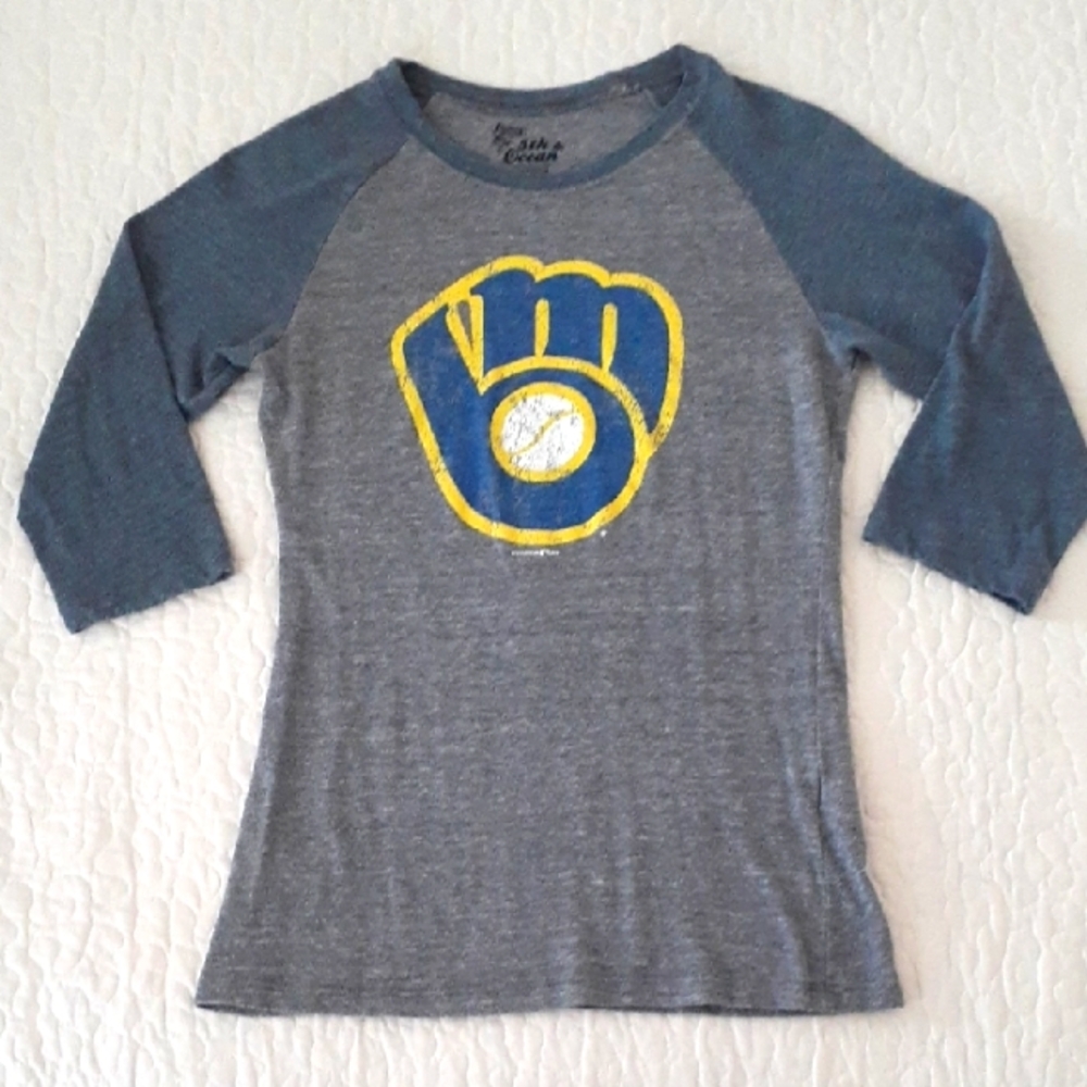 Milwaukee Brewers 5th & Ocean Blue and Gray Raglan Sleeve Tee  Size Medium